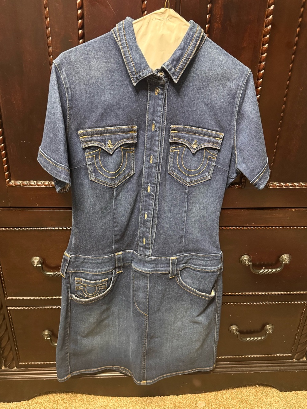 Dark Blue Denim Short-Sleeve Shirt Dress